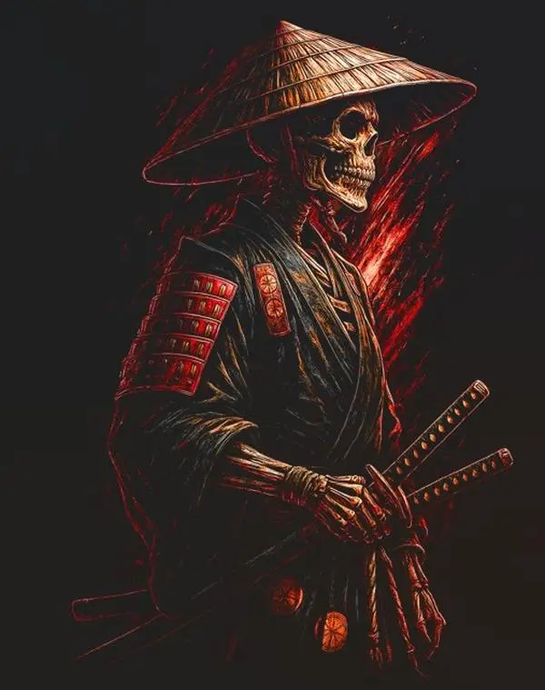 Halftone Skull Samurai Ready-to-Press DTF Direct-to-Film Apparel Transfer Embellishment, Specialty DIY Craft Supply for Black Fabric, Art-Focused Project Accessory for DIY Enthusiasts, Embellishments