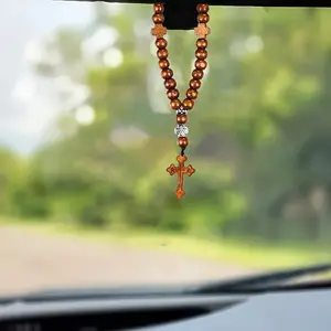 1pc Wooden Bead Cross Rosary Rearview Mirror Car Pendant Hanging Accessory, Car Interior Decoration, Gift for Men and Womens