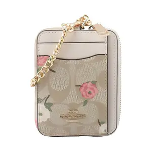 COACH Floral Print Card Case with Coated Canvas and Smooth Leather for Women