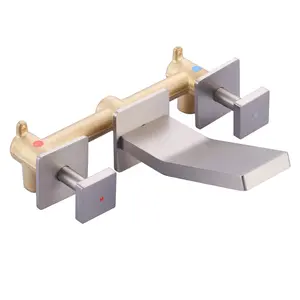 WOWOW Double Handle Solid Brass Wall Mounted Bathroom Faucet, Waterfall Basin Faucet with Rough in Valve in Brushed Nickel