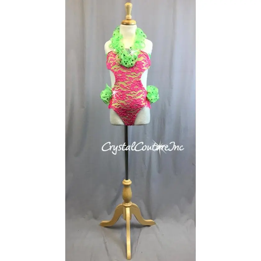 Hot Pink Floral Lace Leotard with Lime Green Accents - Swarovski Rhinestones