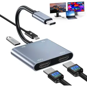 adapters 2 output movie 4K@60Hz, Type C Hdmi Splitter for Dual Monitors with USB 3.0, 100W Fast Charging, USB Hub with 2-HDMI Extended Display for MacBook, USB-C Laptop for Dell for Lenovo
