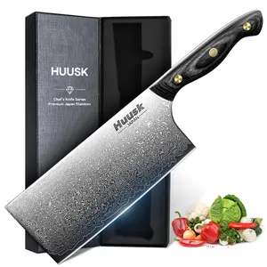 Huusk Damascus Cleaver Knife 7 Inch with Ebony Handle for Meat and Vegetable Cutting - Wooden, Steel,Christmas/BlackFriday Gift,kitchen knife