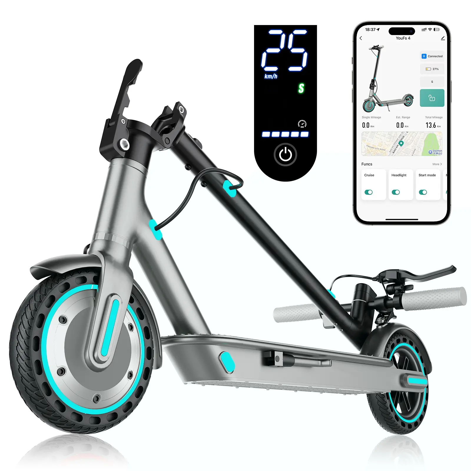 Foldable Brushless Motor Electric Scooter for Adults, 350W 3-Speed Commuter, 19 MPH, 18 mi Range, 8.5-Inch Explosion-Proof Solid Tires, Smart App Speed Control, Portable, Front & Rear Lights, Child Safety Mode, Compact Urban/City Riding Motorized Scooter