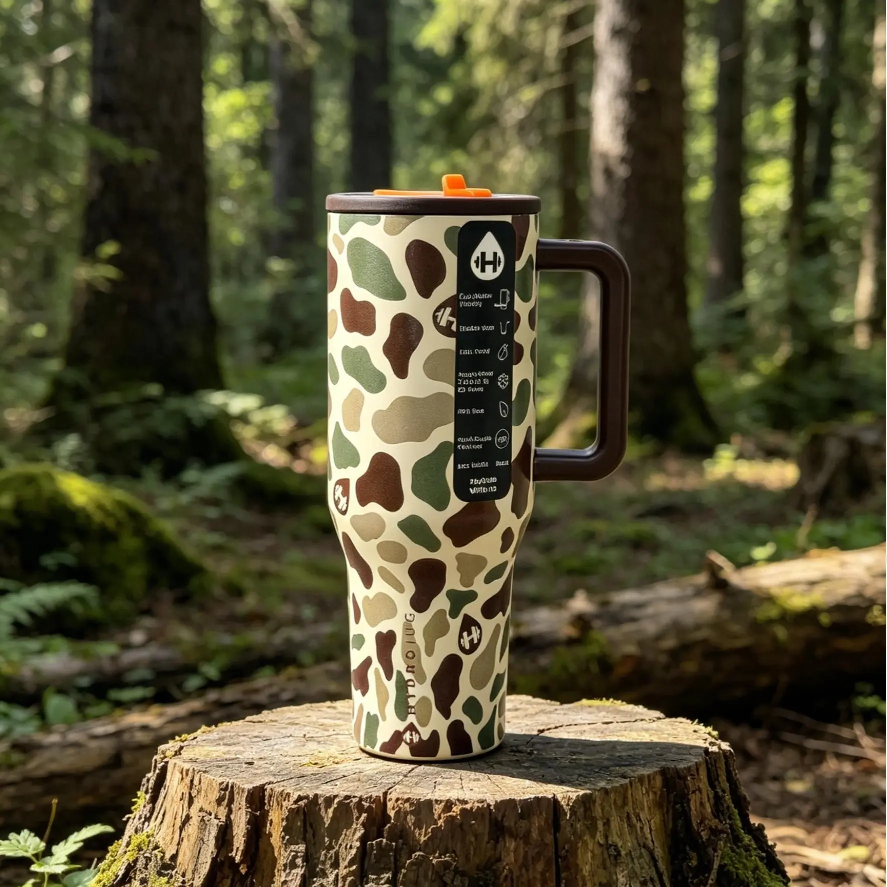 HydroJug 40oz Insulated Camouflage Stainless Steel Tumbler - Portable, Stylish, Leak-Proof Reusable Drinkware with Handle, Straw, 24-Hour Cold Retention for Car, Hiking