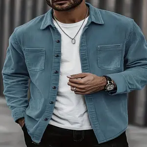 Men'S Light Beige Corduroy Casual Shirt Jacket with Notch Lapel, Long Sleeve, Button-Up, Double Pockets - Spring/Autumn Style, Regular Fit, Solid Color, Elegant Design, Autumn Outerwear | Lapel Fabric
