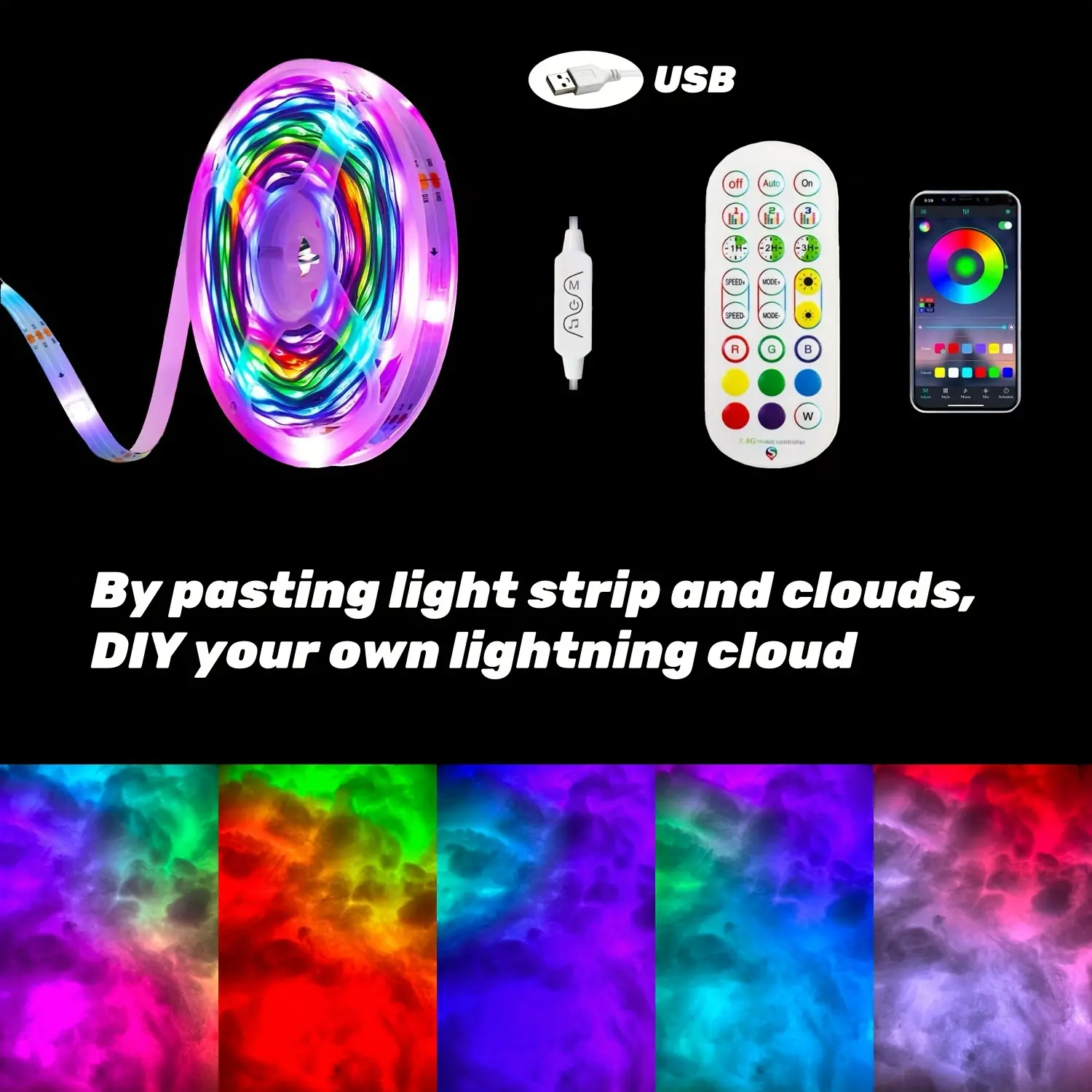 3D Big Cloud Light Kit Music Sync Warm White Multicolor Lightning Changing Strip Light 360 Degree Wireless Remote APP Coolest Decorations For Indoor Home Bedroom-16ft
