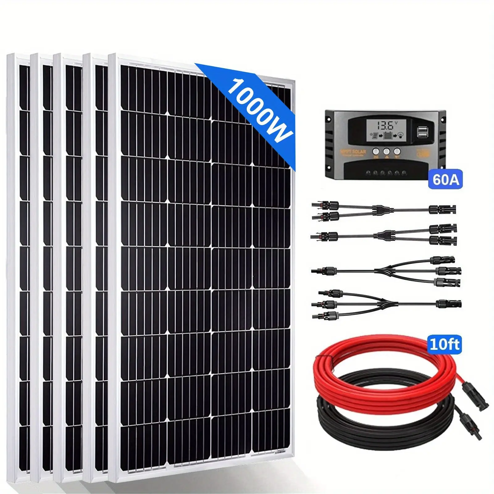 1000W Solar Panel Kit with High-Efficiency Charger Designed for Off-Grid Systems In Motorhomes, Boats, Caravans And Trailers Charges Motorhomes, Boats, Campervans, Trailers And Batteries 12pcs Bundle Christmas