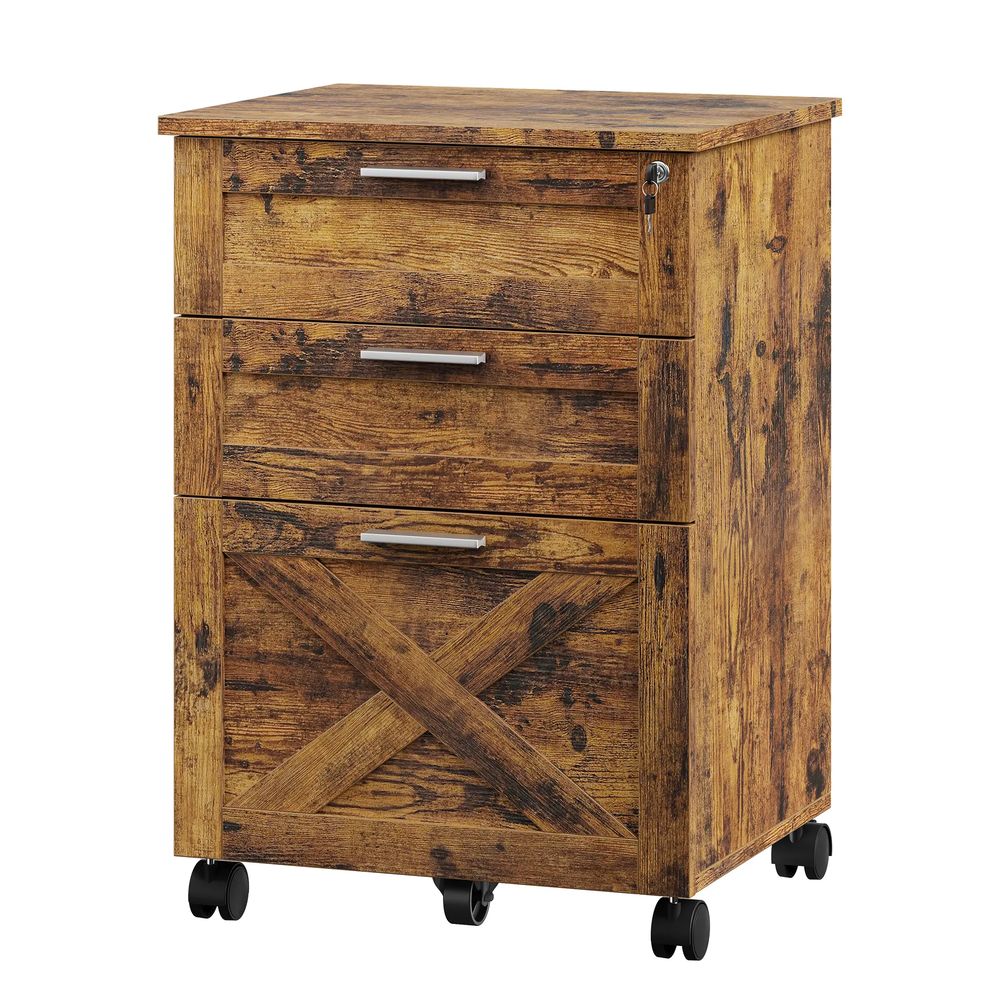Secure 3-Drawer Wood File Cabinet with Lock – Mobile Under Desk Filing Cabinet, Compact Storage Organizer, Fits Letter/Legal/A4, Rolling Cabinet with Wheels – Brown/White/Black
