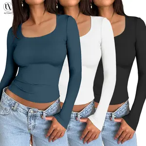 AUTOMET Women's 3 Pack Long Sleeve Crop Tops Slim Fit Y2K Fashion Basic Layering Shirts Haze Blue White Black Minimalist Casual Korean Style Everyday Womenswear Short - Summer