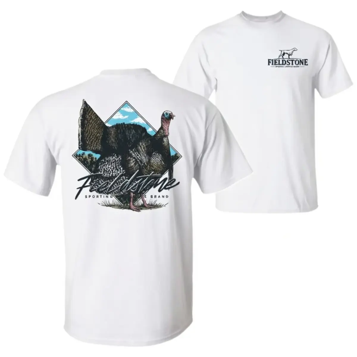 Fieldstone Turkey Hunting Graphic T-Shirt, Turkey Season,  Features Large Wild Turkey Illustration With Mountain Background And Fieldstone Script On Back With Small Fieldstone Logo On Chest, Hunting Brand Outdoor