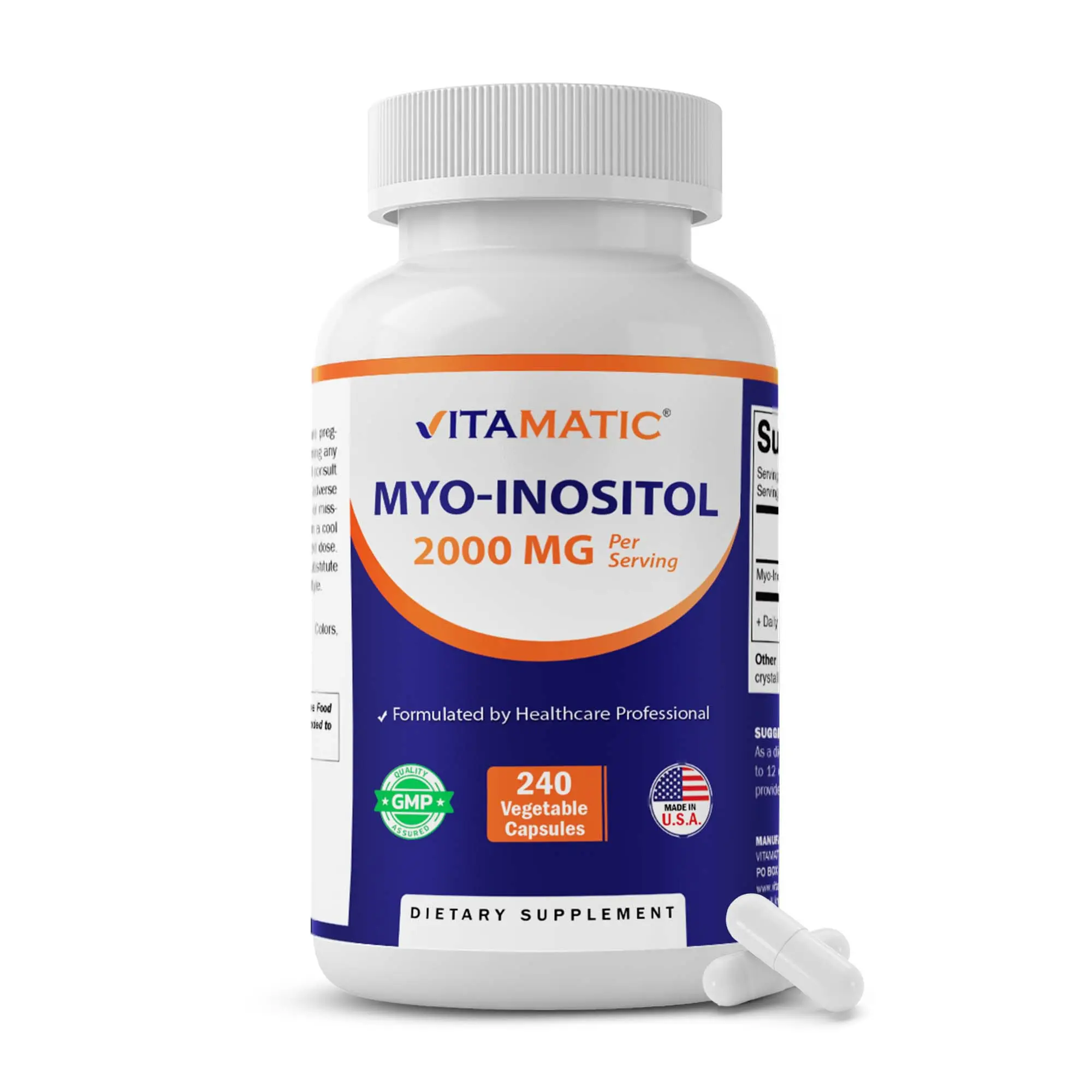Vitamatic Myo-Inositol Daily Dietary Supplement - 2000 mg Per Serving, 240 Vegetable Capsules, 60 Servings, Clean, Sugar Free, Non-GMO, Gluten & Dairy Free, GMP Certified, Made in USA for Adults