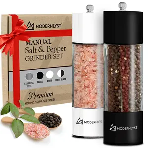 MODERNLYST Manual Salt and Pepper Grinder Set of 2 | Large Round Salt and Pepper Shakers Set | 7.5 inch Stainless Steel Salt Grinder Refillable | Pepper Grinder Manual | Black & White