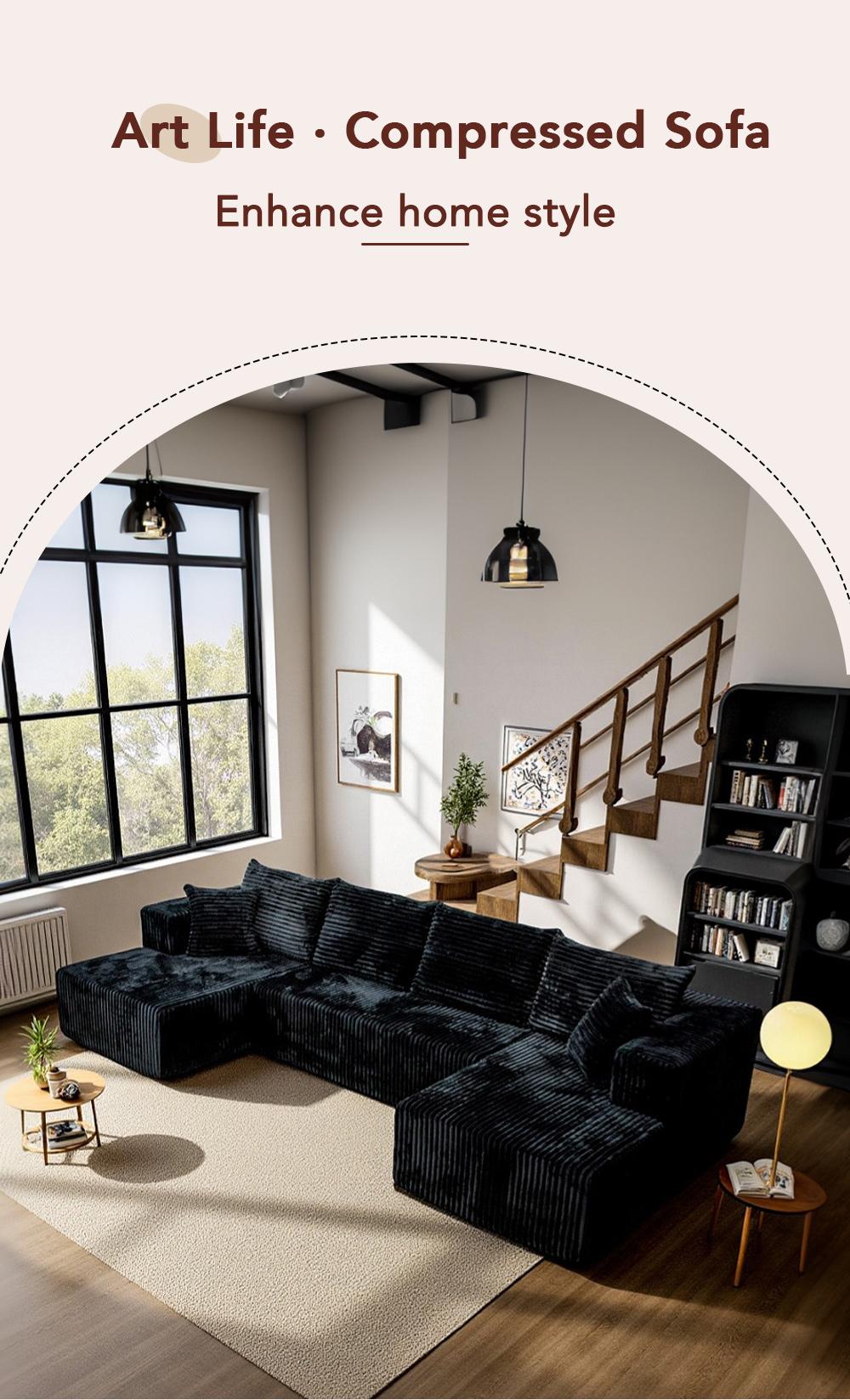 [Delivery of 3 items] [4 free throw pillows] 132-inch U-shaped modular modular sofa bed, textured cotton fabric material, suitable for living room, featuring a soft velvet fabric and deep seat design of convertible textured modular sofa bed