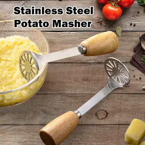 2 Counts Stainless Steel Potato Masher, Heavy Duty Manual Masher with Wood Handle, Kitchen Tool for Avocado, Bean, Pumpkin
