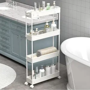 Slim Storage Cart 4 Tier,Bathroom Organizer Rolling Utility, Mobile Shelving Unit Slide Out for Office, Kitchen, Laundry Room & Narrow Places,White
