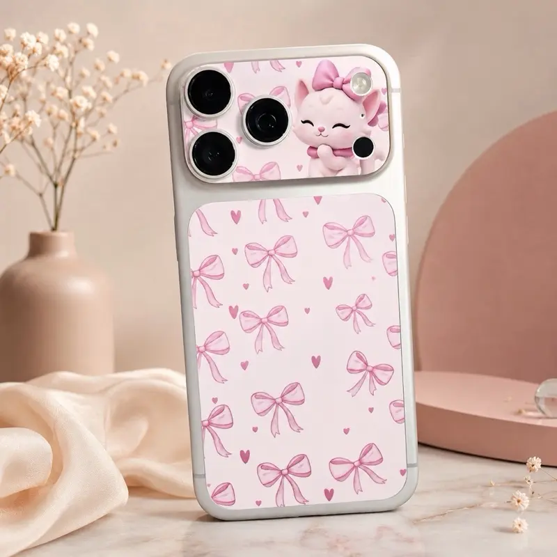 Premium Vinyl Sticker Set Accessories for iPhone 17 Pro Max - Self-Adhesive Camera Lens Skin, Back Skin, Pink Coquette iPhone Decor