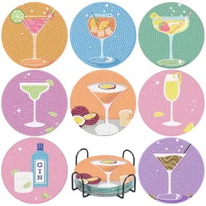 8Pcs Diamond Painting Coasters with Holder,DIY Cocktail Life Coaster Diamond Art Kits for Adults,Beginners Round Full Drill Diamond Art Craft Supplies