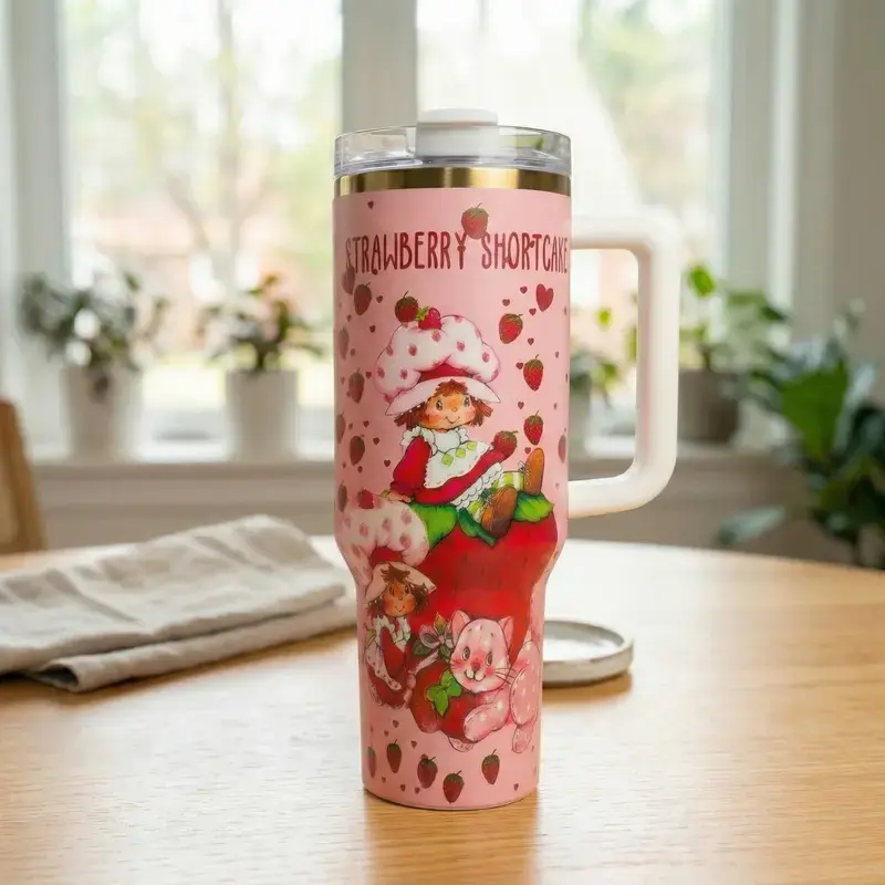 1 Count 40 oz Strawberry Shortcake 40oz Tumbler Cute Pink Aesthetic Cup w/ Handle – Stainless Steel Travel Mug, Perfect Gift for Girls