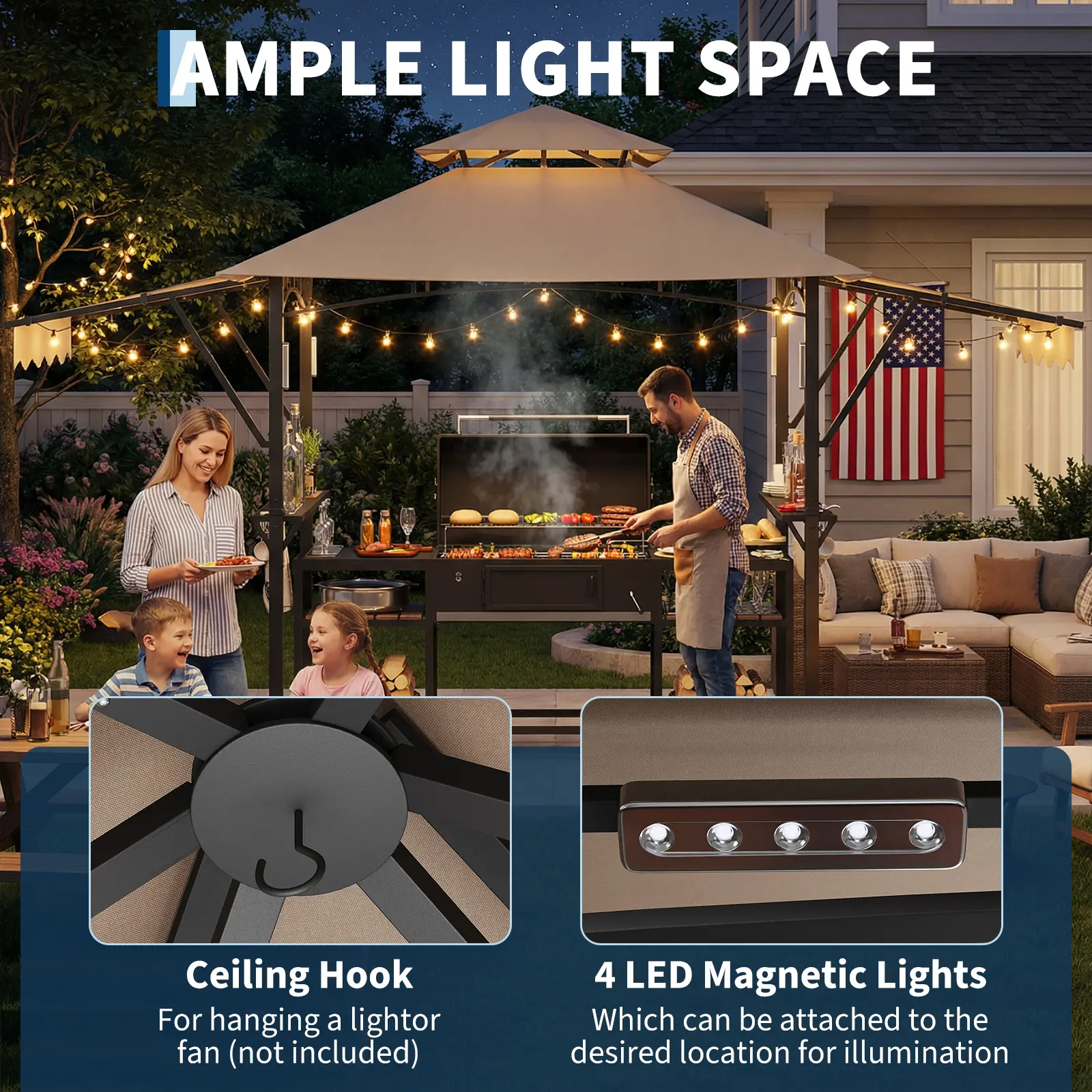Outdoor BBQ Grill Shelter 8x5 ft, Upgraded Gazebo with Adjustable Side Awnings, Built-in 2 Utility Shelves, LED Lighting System, Multiple Hooks & Ceiling Loop, Rustproof Steel Frame Canopy for Backyard Garden Patio Grilling, Bbq Shelter