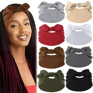 Solid Color Bunny Ear Bow Sports Headband, Elastic Yoga Sweatband, Soft Stretchy Hair Accessory, Available in 4 Pack and 8 Pack
