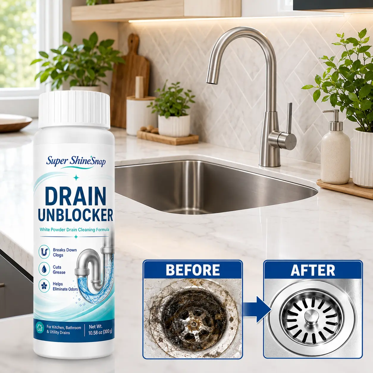 Drain Unblocker Powder Fast-Acting Drain Cleaner For Kitchen Sink, Bathroom, Shower & Floor Drains, Helps Break Down Hair, Grease & Soap Buildup, Household Drain Maintenance Formula