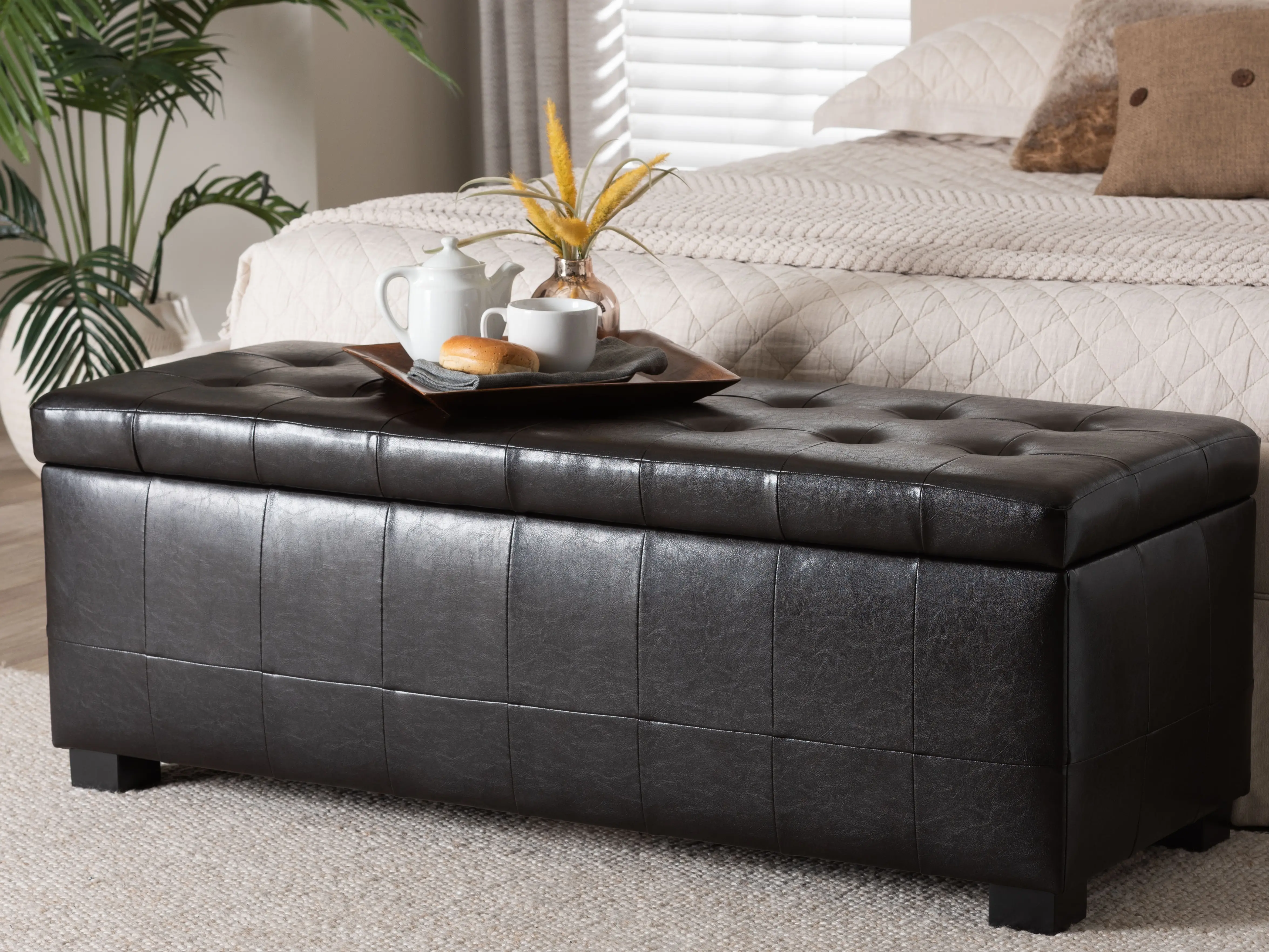 Baxton Studio Durable Tufted Leather Contemporary Ottoman - Dimpled Design, Dark Brown, Easy Maintenance, Full Leather Interior, Dimensions for Modern Living Space Indoor Furniture Stool