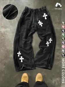 Unisex Street Style Cross Print Cotton Sweatpants, Loose Fit, Elastic Waist, Washed Cotton Fabric, Casual Fashion, Y2K.men's gift, Casual Streetwear Trousers