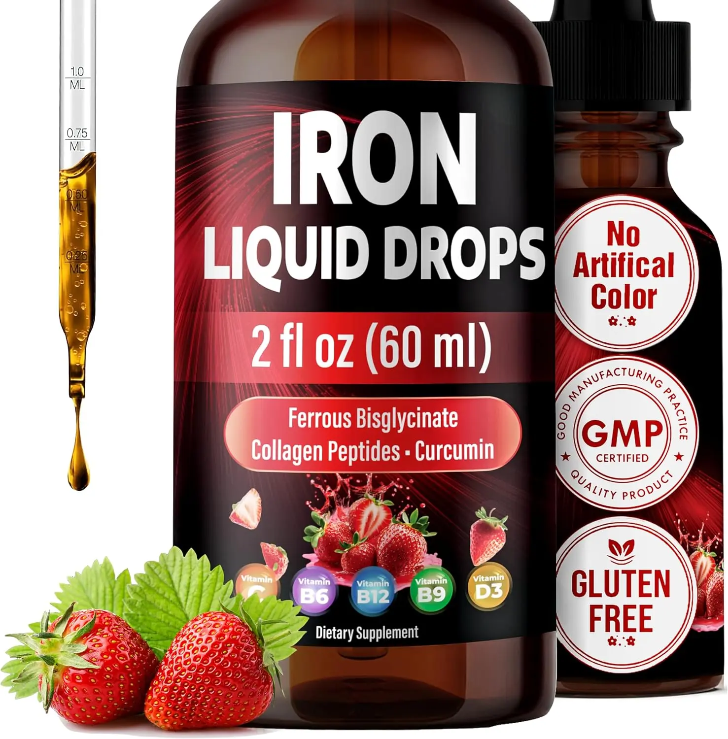 Liquid Iron Drops – Liquid Iron Supplement with Vitamin C, B6, B12, Folic Acid, & Collagen – Natural Strawberry Flavor – 2 fl oz