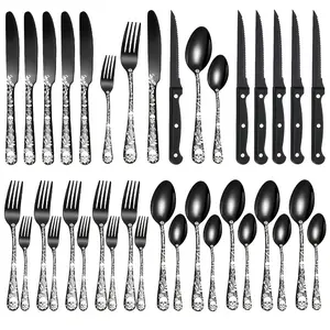 24/36count Gothic Skull and Rose Design Stainless Steel Western Cutlery Set, Knife Fork Spoon Steak and Dessert Fork Spoon, Mirror Polished, Dishwasher Safe, Suitable for Home, Restaurant, Party, Halloween, Day of the Dead, Laser Pattern