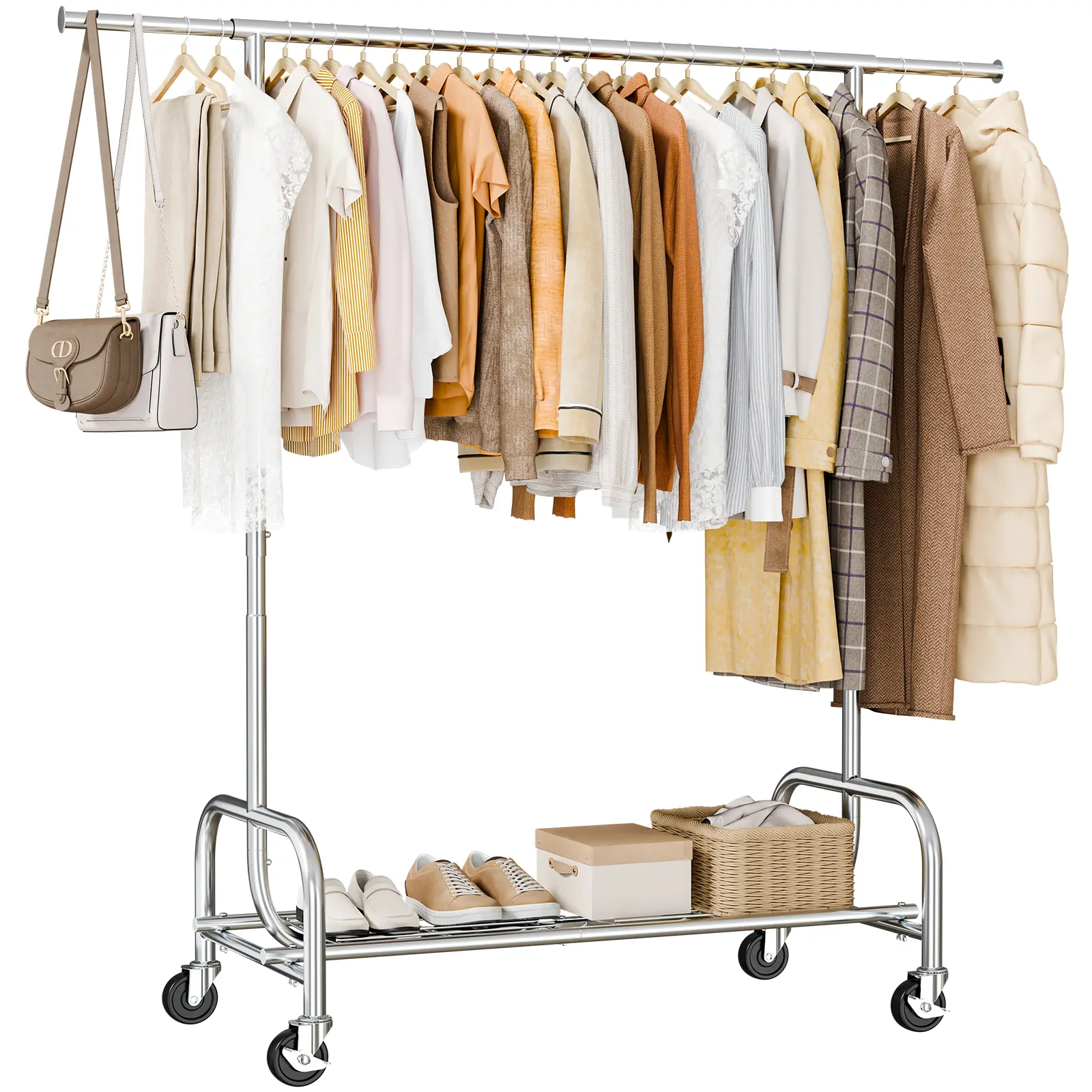 Clothes Rack with Wheels, 450 LBS Heavy Duty Clothing Rack for Hanging with Adjustable Height, Portable Rolling Garment Stand with Mesh Shelf and Extendable Rod for Bedroom Laundry