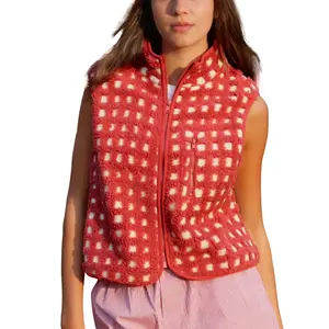 Talakeno Checkered Sherpa Vest Sleeveless Winter Fleece Jacket High Neck Zip Up Plaid Gilet with Chest Pocket