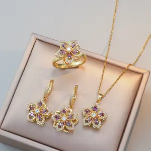 4PCS Gold Purple Bauhinia Rotatable Jewelry Set Necklace Earrings Ring for Women Purple Flower Zircon New Design Pendant Elegant Set Titanium Steel Necklace