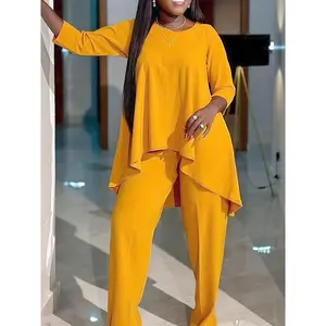 TB5821 Large Size Two-Piece Set Fabric Round Neck Suit Womenswear Clothes Collar Polyester Solid Printed Knitting Casual Spandex Comfort Gamis Crewneck Yellow