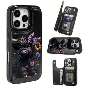 Creative Cute Black Calf with Purple Bow Pattern Leather Card Holder Phone Case, Suitable for iPhone 17 Air/16 Plus/15 Pro Max/14 Pro/13/12/11/XS Max/X Phone Case, Best Choice for Thanksgiving Christmas Gifts for Family Friends Lovers Boyfriend Girlfriend