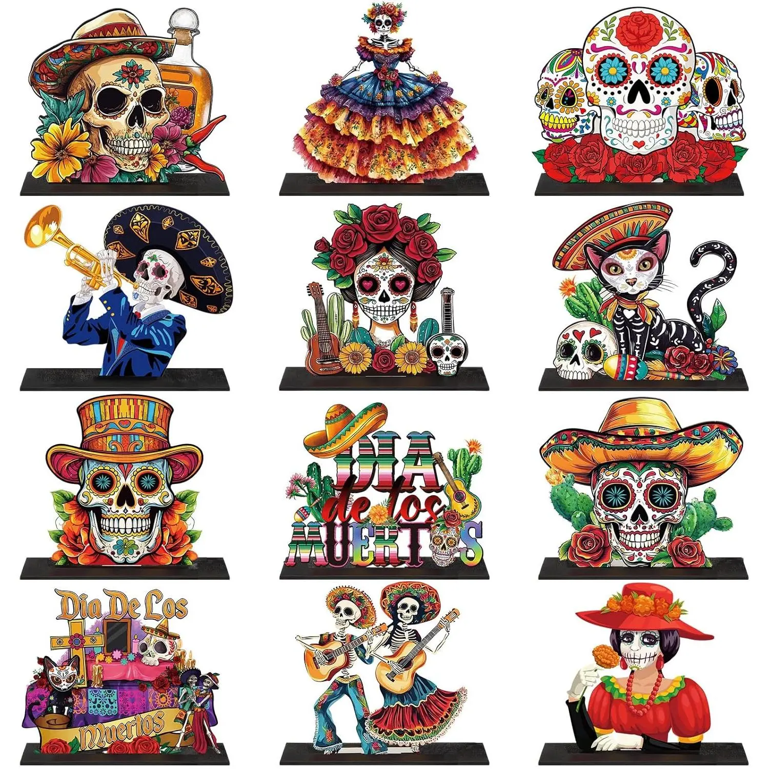 12 count Dia De Los Muertos Table Decorations for Altar Wooden Day of The  Centerpiece Sugar Skull Skeleton Table Topper Decor for Mexican Tiered Tray Decor Halloween  Shelf Decoration
