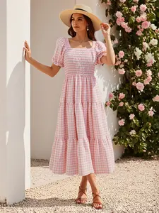 Women's Plaid Print Bubble Sleeve Square Neck Slim Fit Multi-Layer Cake Skirt Dress, Casual Boho Bohemian Fashion Long Dress Womenswear for Spring, Summer & Fall