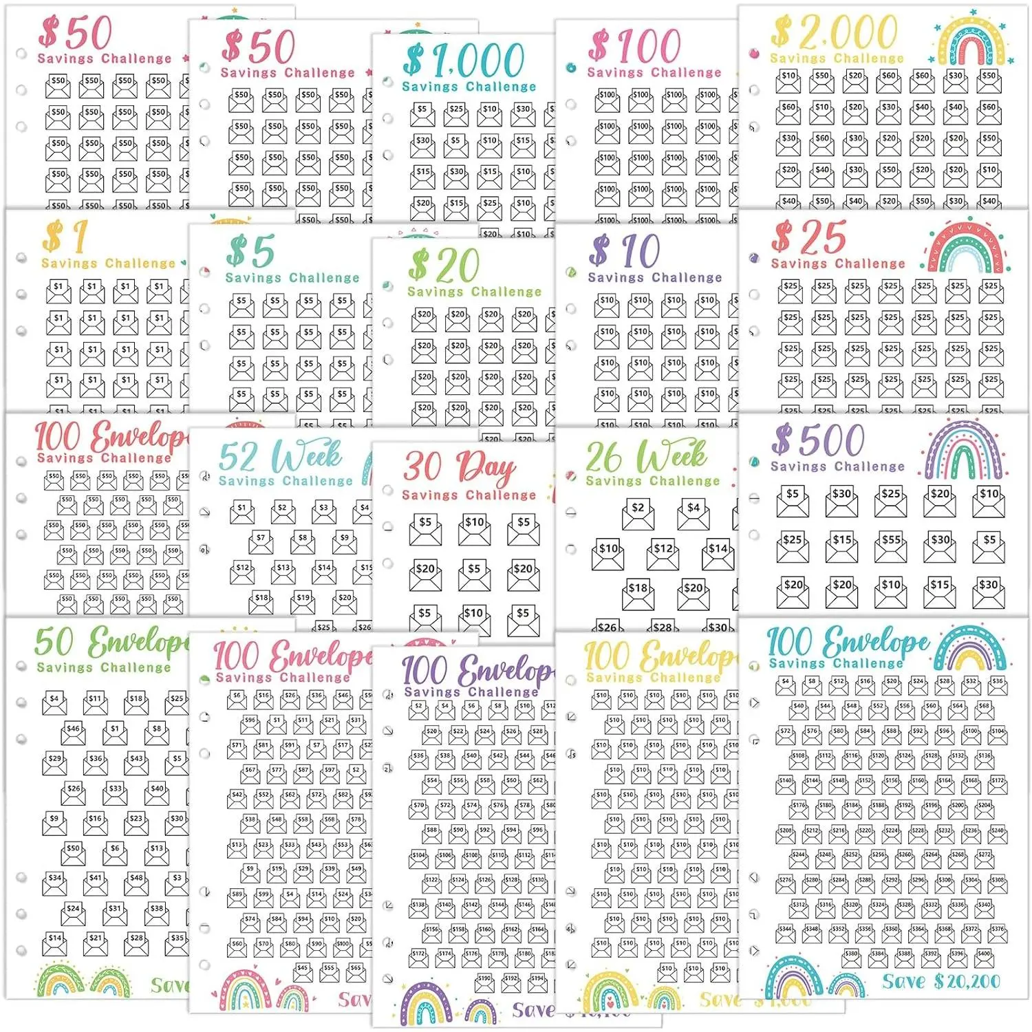 20 Sheets  Saving Challenge Binder  with 6 Perforated Holes for 6 Ring A5 Binders 100 Envelopes  Cards  Savings Challenge Budget Planner to Save (Rainbow Style)