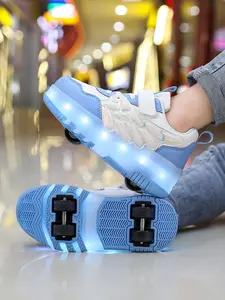 Boys Four-Wheel Roller Skates, New Wheel Sports Shoes, Adjustable PU Leather LED Light-Up Sneakers, USB Charging, All Seasons, Rubber