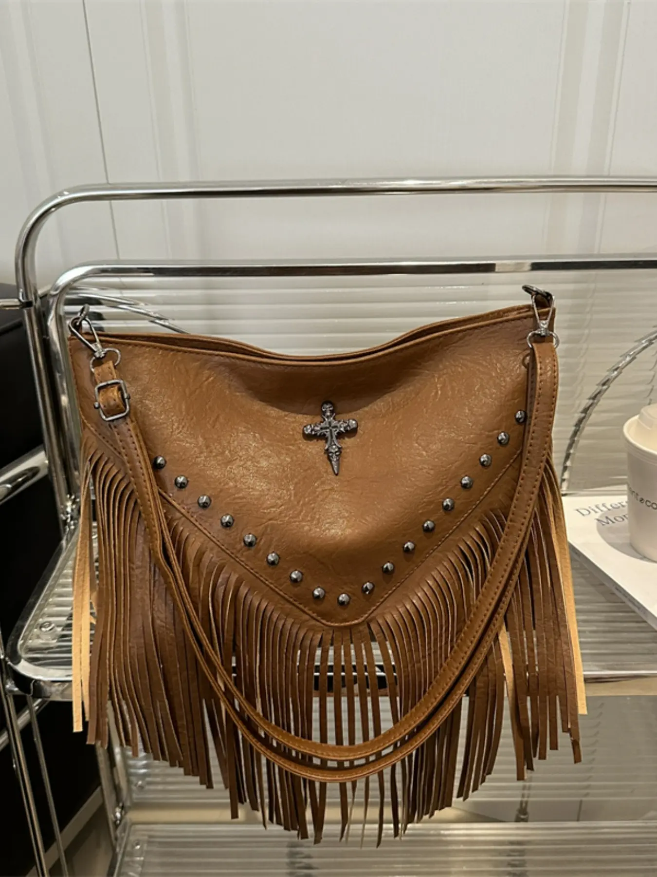 Boho Style Crossbody Shoulder Bag, Solid Color PU Material, Trendy Fringe Design, Large Capacity, Fashionable Single Strap Backpack, Crossbody Hobo Bag, Stylish Hobo Purses