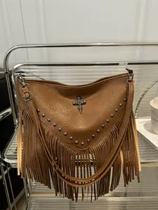 Boho Style Crossbody Shoulder Bag, Solid Color PU Material, Trendy Fringe Design, Large Capacity, Fashionable Single Strap Backpack