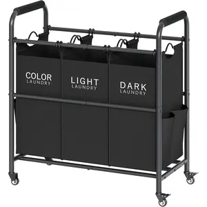 3 Bag Laundry Sorter Cart, Laundry Hamper Sorter Basket with Lockable Rolling Wheels for Clothes, Black