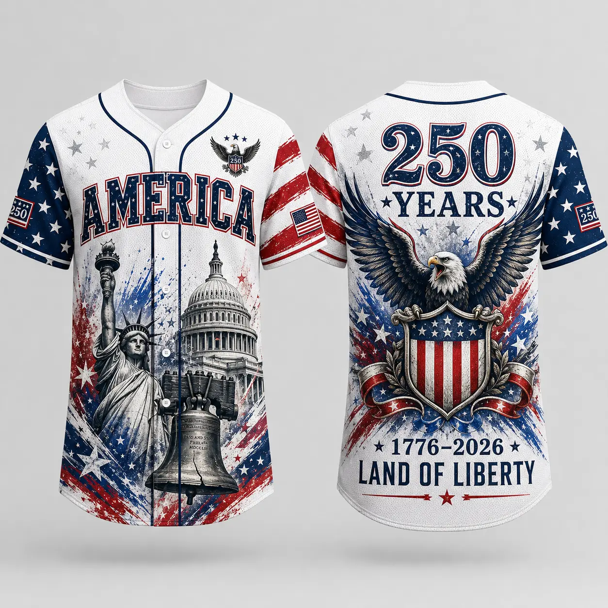 2026 USA 250 White Button Down Baseball Jersey for Men, America Liberty Graphic, Statue of Liberty Capitol Bell Front Print, Eagle Shield 250 Years Back Print, Short Sleeve Patriotic Baseball Top for July 4th Game Day tiktokshopbacktoschool