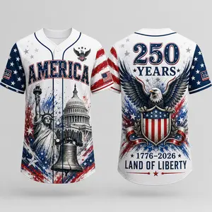 2026 USA 250 White Button Down Baseball Jersey for Men, America Liberty Graphic, Statue of Liberty Capitol Bell Front Print, Eagle Shield 250 Years Back Print, Short Sleeve Patriotic Baseball Top for July 4th Game Day