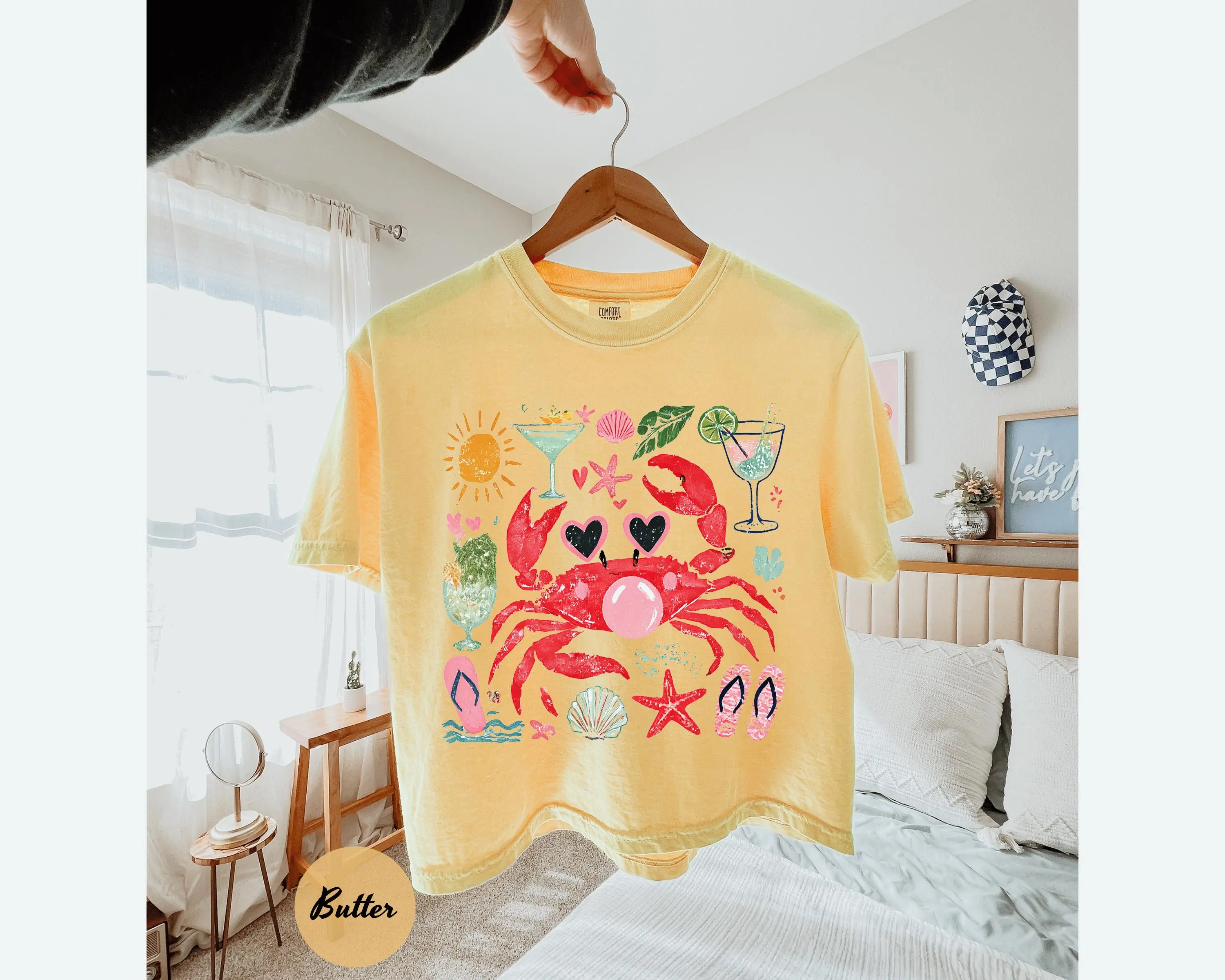 Comfort Colors Funny Crab Cropped Shirt Crab Blowing Bubble Graphic Tee Beach Vibes Nautical T-shirtsummer Vacation Giftsummer Boxy Tee