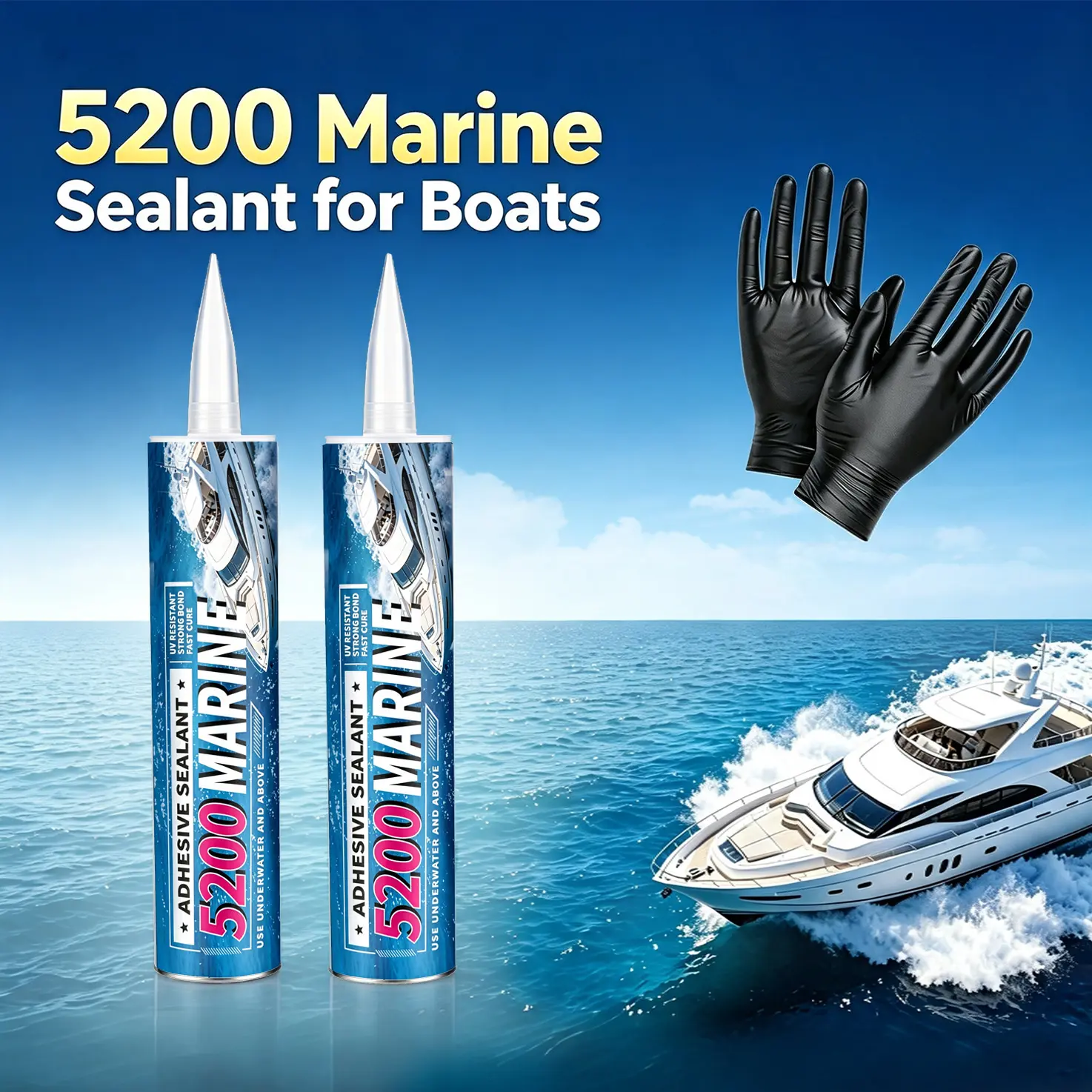 2-Pack 38oz White 5200 Marine Sealant, Fast-Curing High-Bond-Strength UV-Resistant Waterproof Adhesive for Boats, Hulls & Decks, RVs, Waterproof Surfaces | Includes Nozzles, Gloves