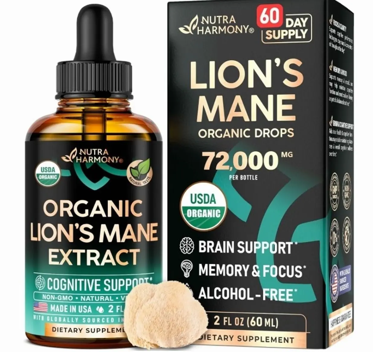 Lions Mane Liquid - USDA Certified Organic Lions Mane Supplement - Brain Support, Energy, Memory & Focus - Sugar & Alcohol-Free Lion's Mane Mushroom Extract 72,000 mg / Bottle, 2 Fl OZ, 2 Month Supply
