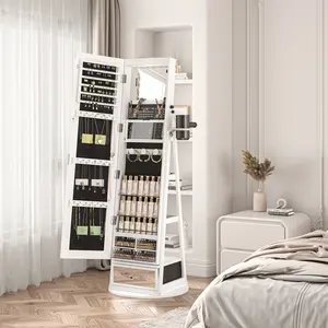 Full Body Mirror Slip， LED-Lit 4-in-1 Jewelry Cabinet: 360° Swivel, Full-Length Mirror & Ample Storage