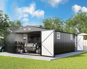 AMERLIFE Outdoor Storage Shed, Huge Metal Garage Shed with 2 Double Hinged Doors and 4 Windows, Carport for Car, Truck, Bike, Garbage Can and Lawnmower, Dark Grey/Best Gift Ideas/Christmas Gifts