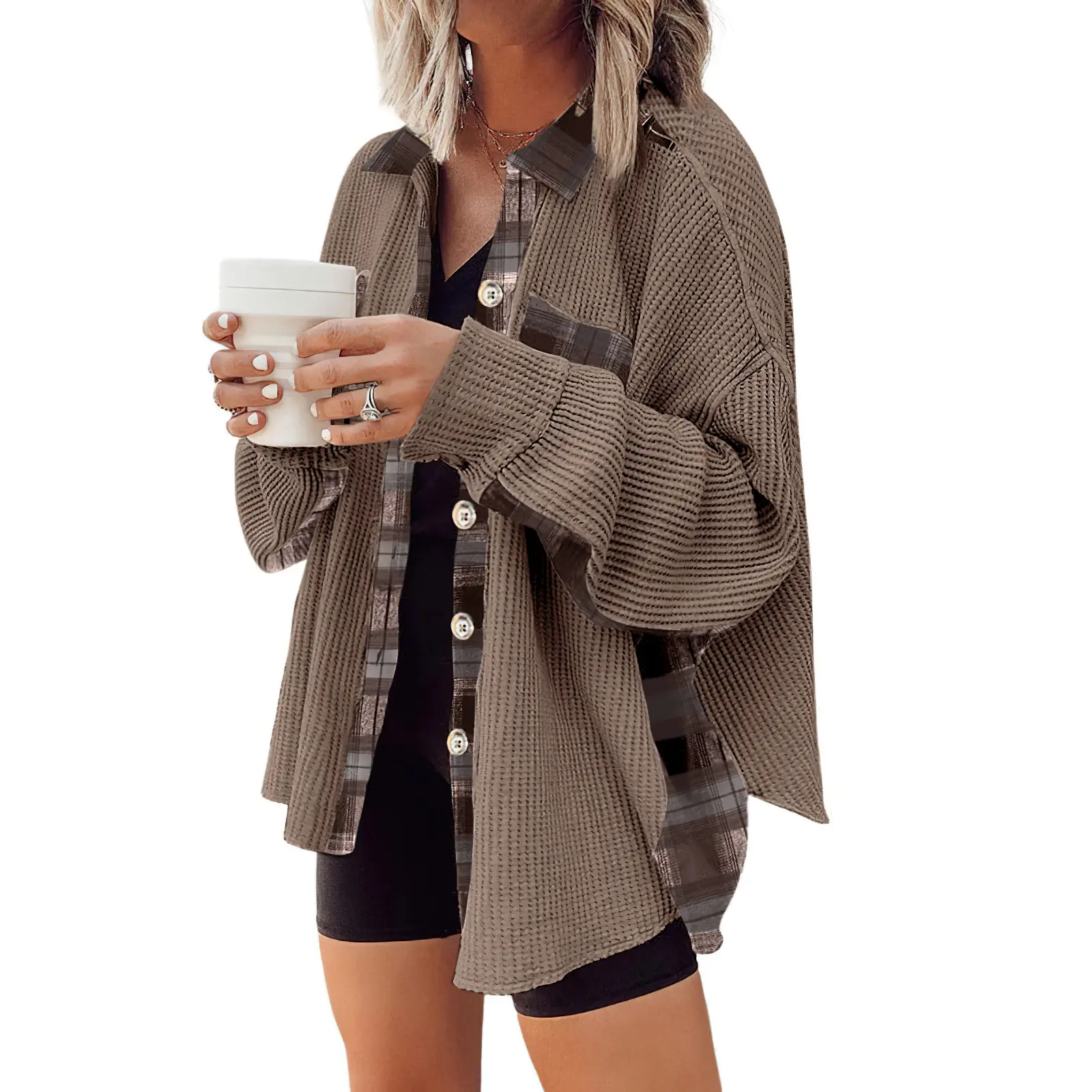 Chouyatou Women's Cute Batwing Knit Plaid Patchwork Waffle Coat - Comfortable Long-Sleeve Loose Button-Front Shirt Jacket
